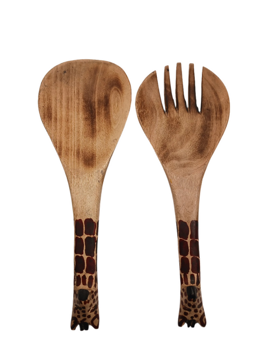 Exotic Wooden Salad Spoon & Fork - Giraffe Pattern Handle