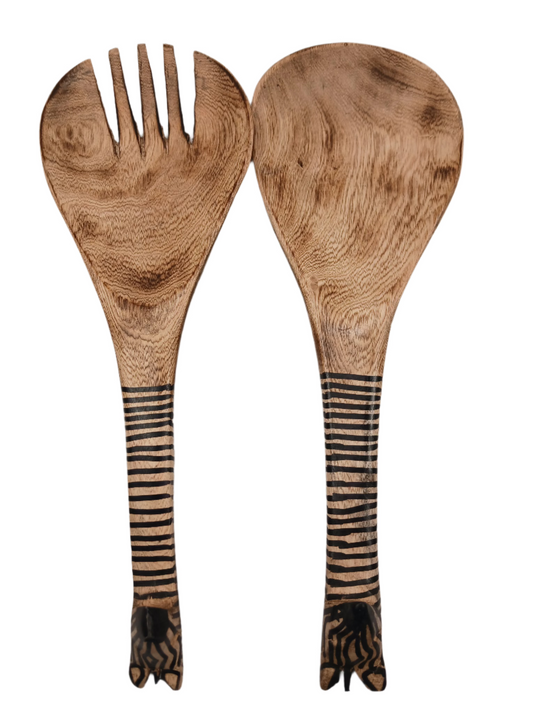 Exotic Wooden Serving Utensils - Zebra Stripe Design - Artisanal Kitchenware