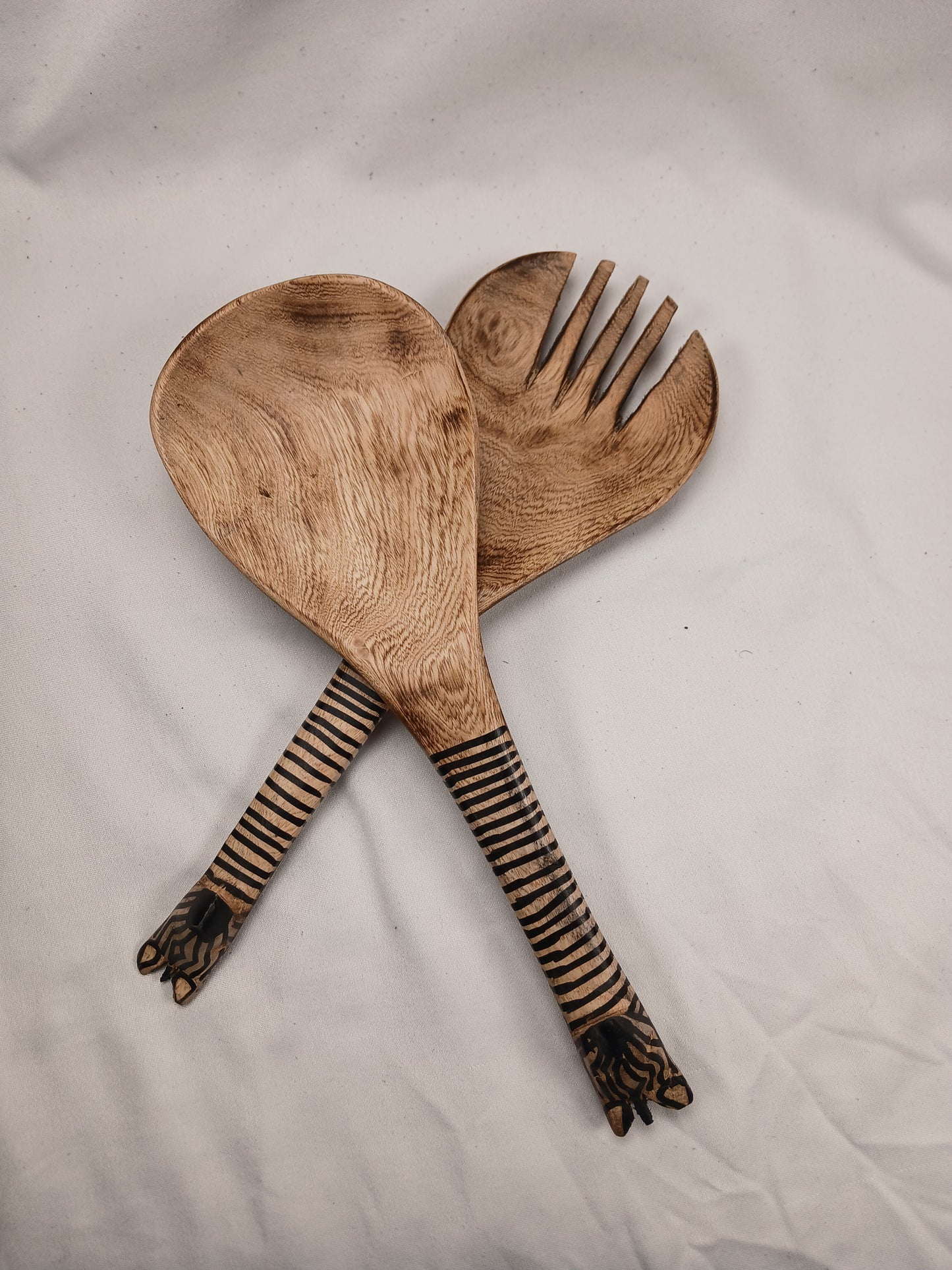 Exotic Wooden Serving Utensils - Zebra Stripe Design - Artisanal Kitchenware