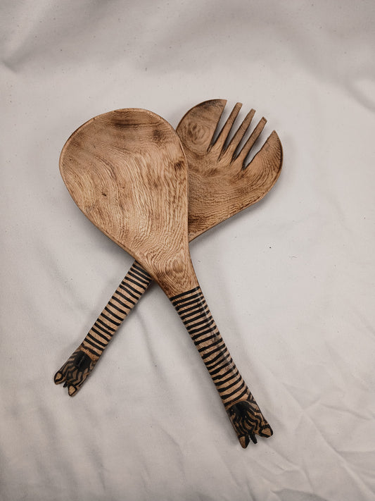 Exotic Wooden Serving Utensils - Zebra Stripe Design - Artisanal Kitchenware