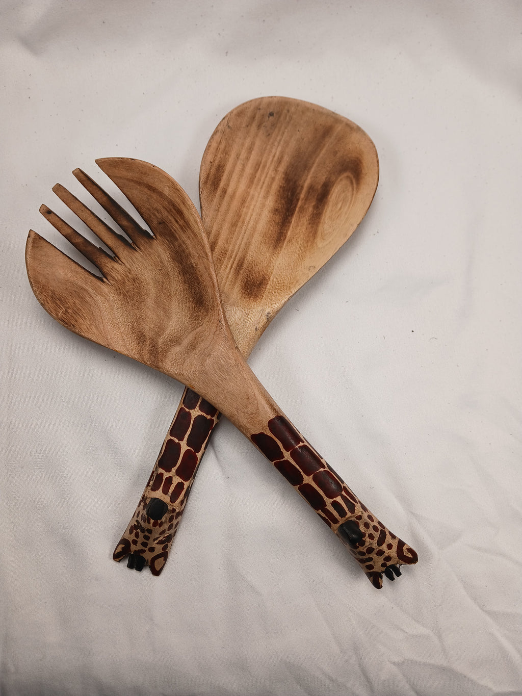 Exotic Wooden Salad Spoon & Fork - Giraffe Pattern Handle