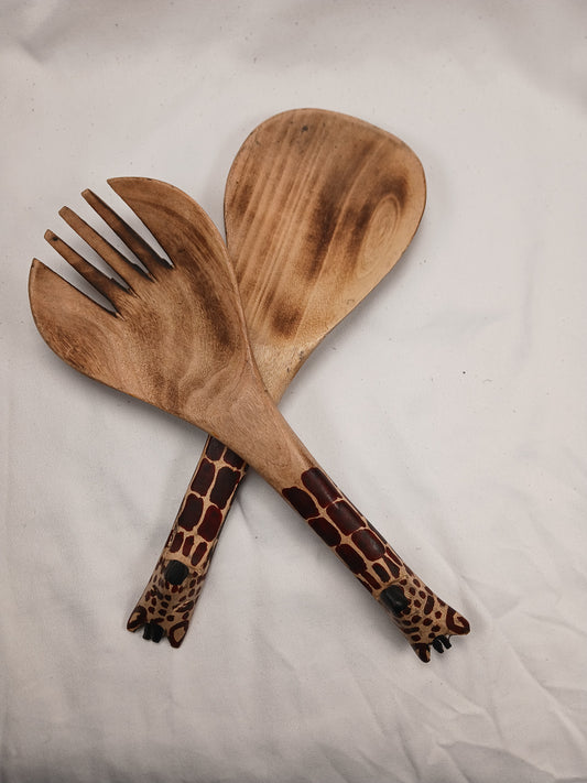 Exotic Wooden Salad Spoon & Fork - Giraffe Pattern Handle