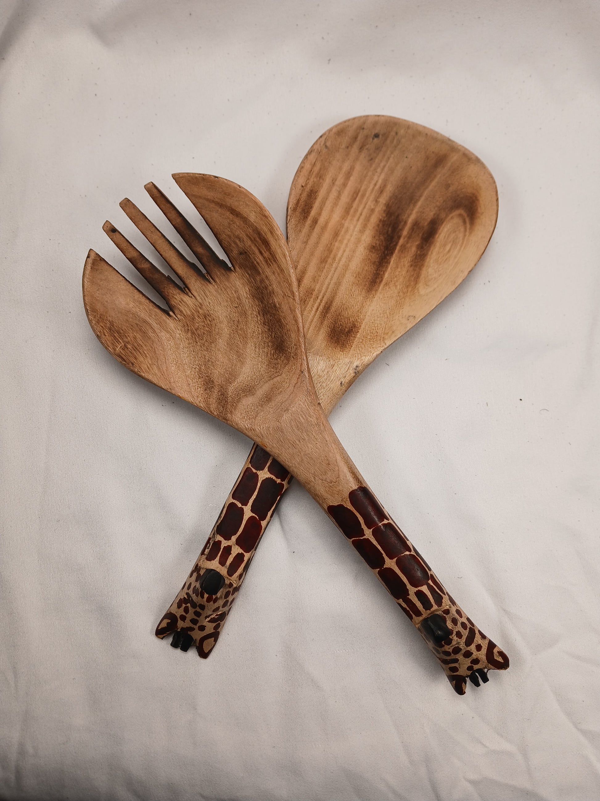 Exotic Wooden Salad Spoon & Fork - Giraffe Pattern Handle