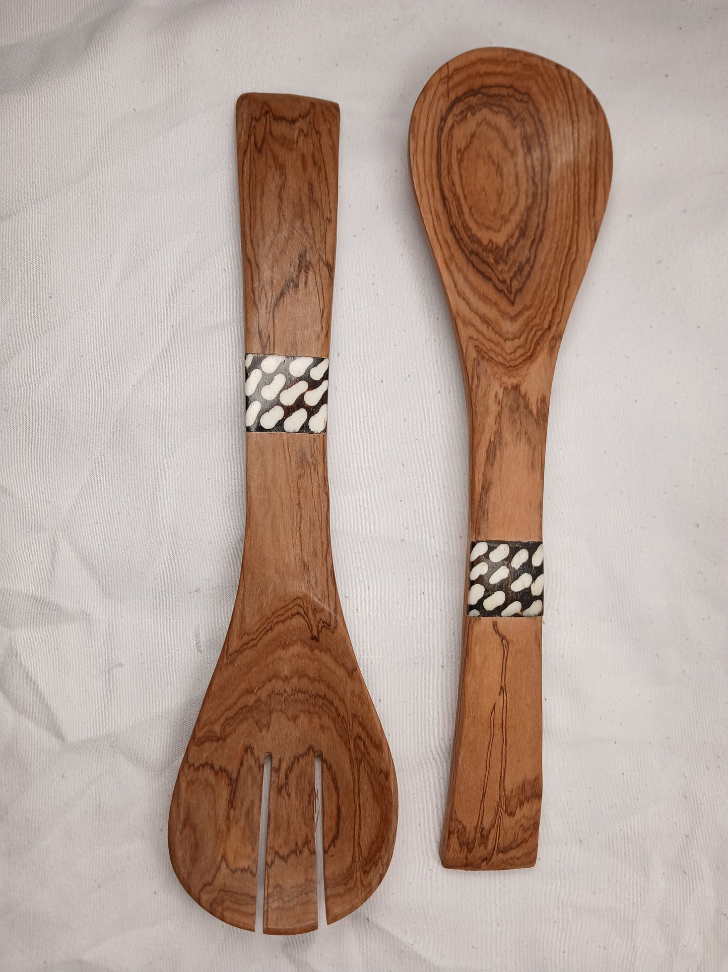 Olive & Stripe: Hand-Carved Olive Wood Salad Servers with Zebra Bone Inlay