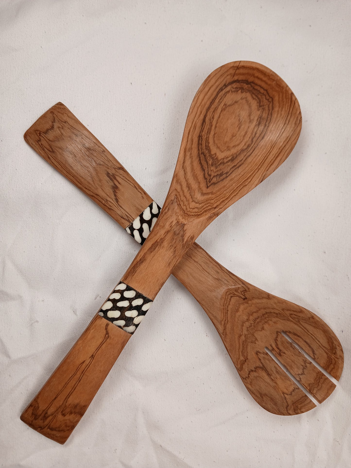 Olive & Stripe: Hand-Carved Olive Wood Salad Servers with Zebra Bone Inlay