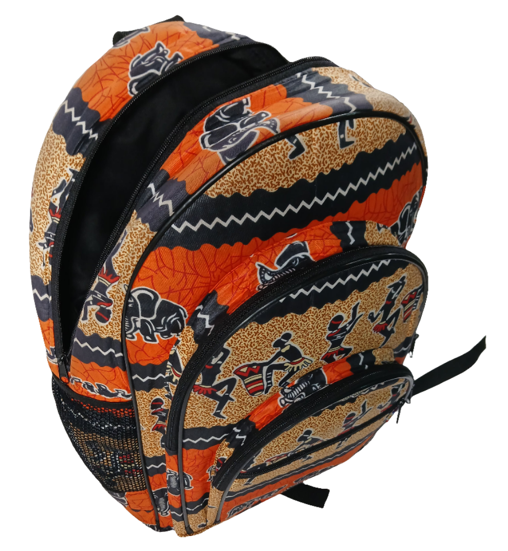 African Print Backpack - Elephant & Dancing Figures Design - School & Travel Bag