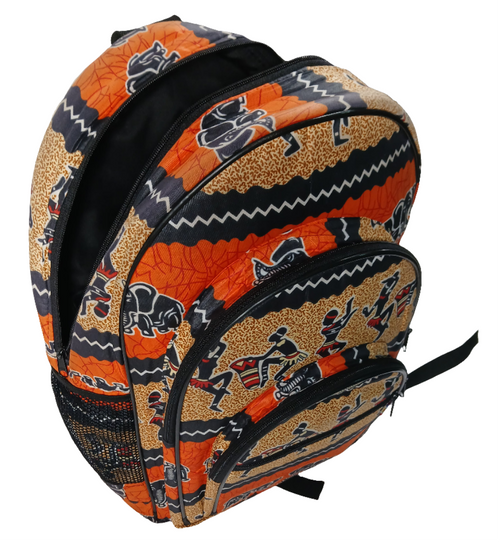 African Print Backpack - Elephant & Dancing Figures Design - School & Travel Bag