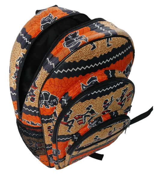 African Print Backpack - Elephant & Dancing Figures Design - School & Travel Bag
