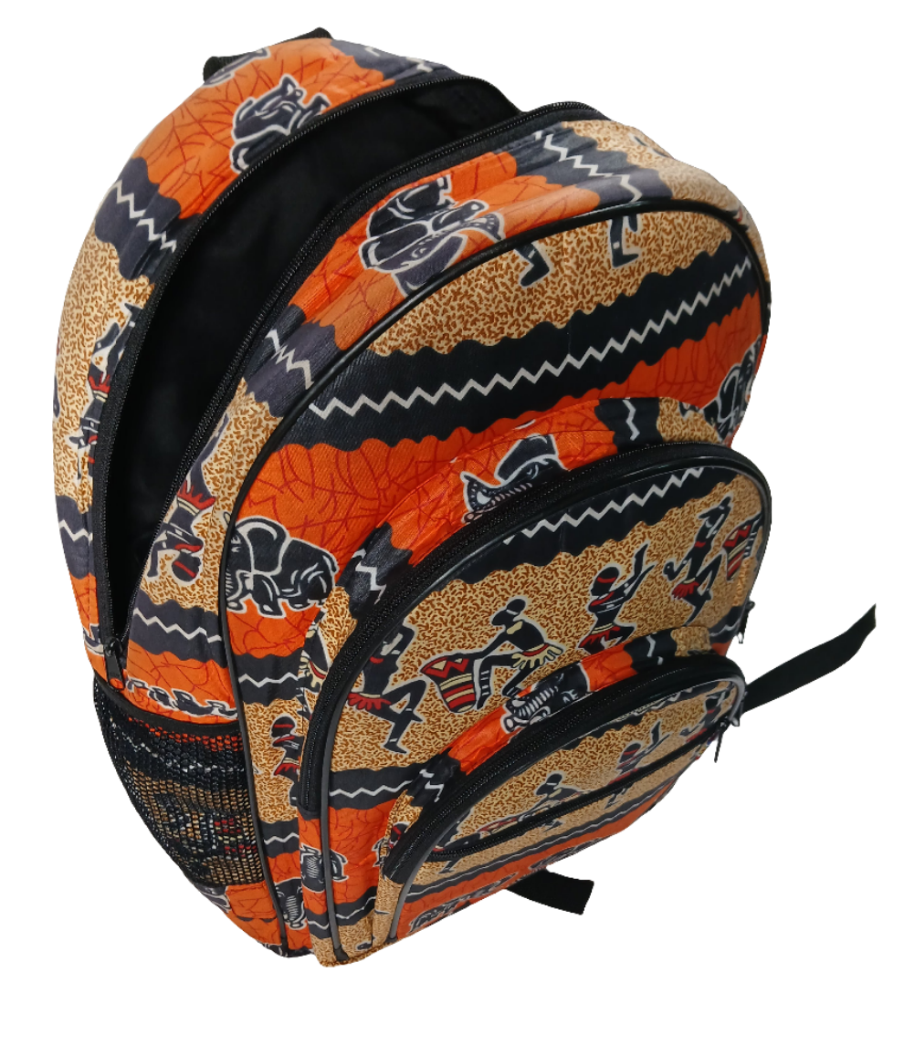 African Print Backpack - Elephant & Dancing Figures Design - School & Travel Bag