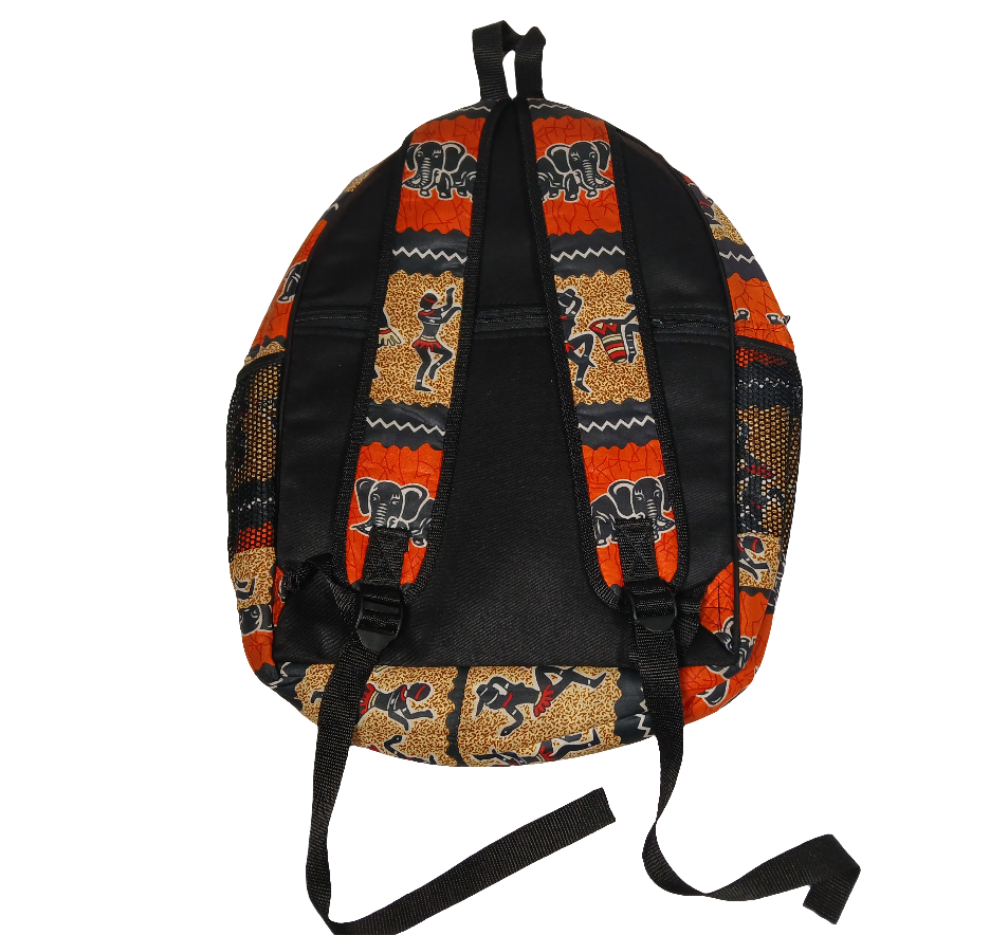 African Print Backpack - Elephant & Dancing Figures Design - School & Travel Bag