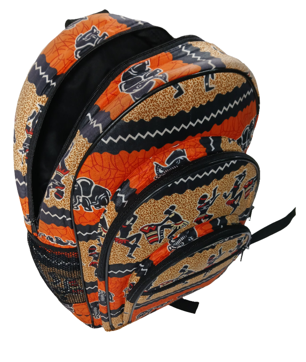 African Print Backpack - Elephant & Dancing Figures Design - School & Travel Bag