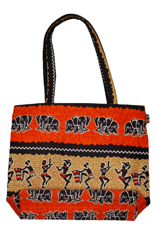 African Print Tote Bag - Elephant & Dancing
