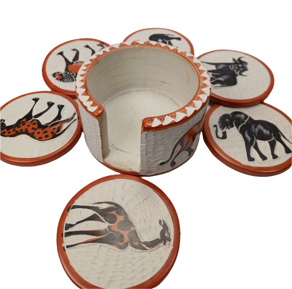 Hand-Carved Soapstone African Animal Coaster Set with Holder - Safari Decor