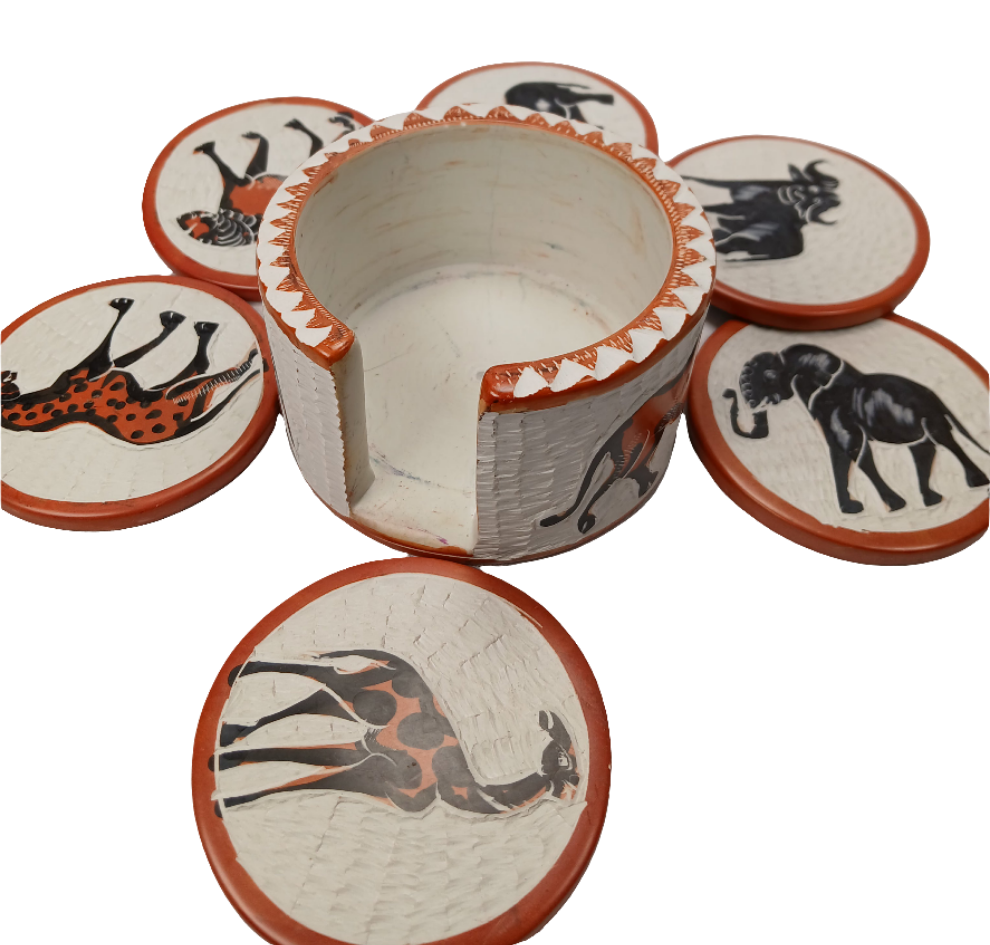 Hand-Carved Soapstone African Animal Coaster Set with Holder - Safari Decor