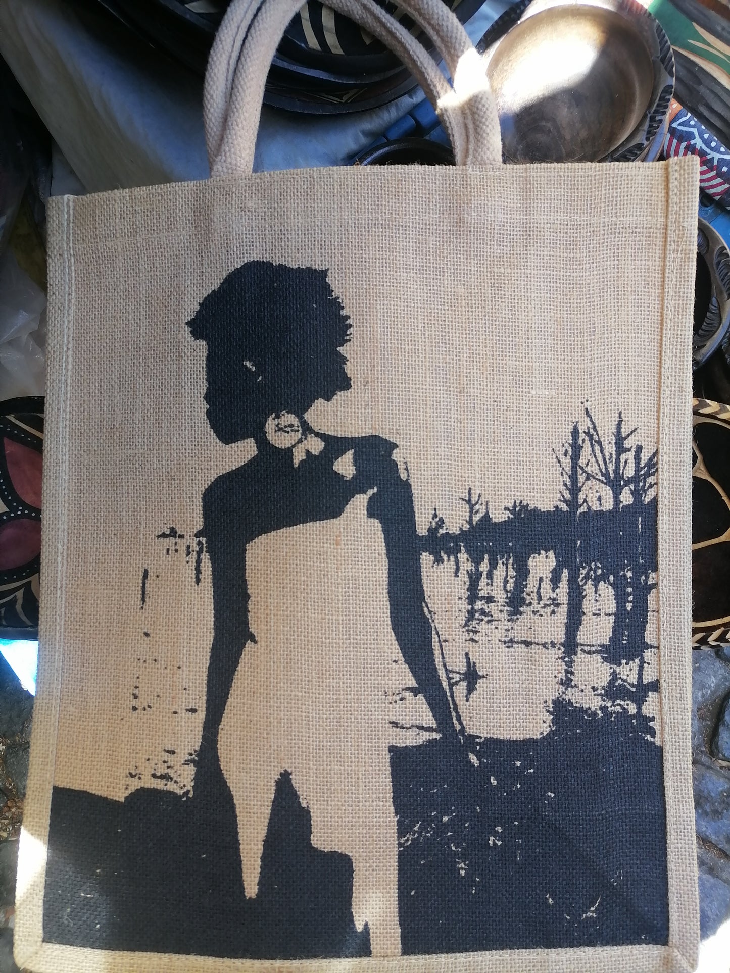 African Jute Tote Bag – Bold Silhouette Design