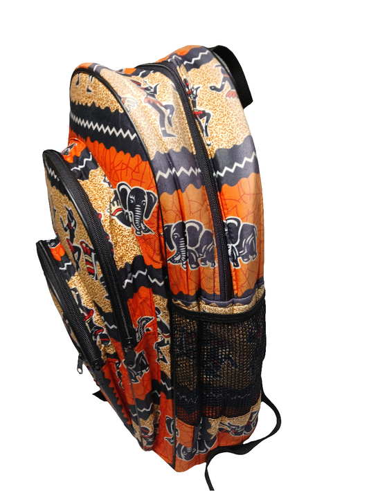 African Print Backpack - Elephant & Dancing Figures Design - School & Travel Bag