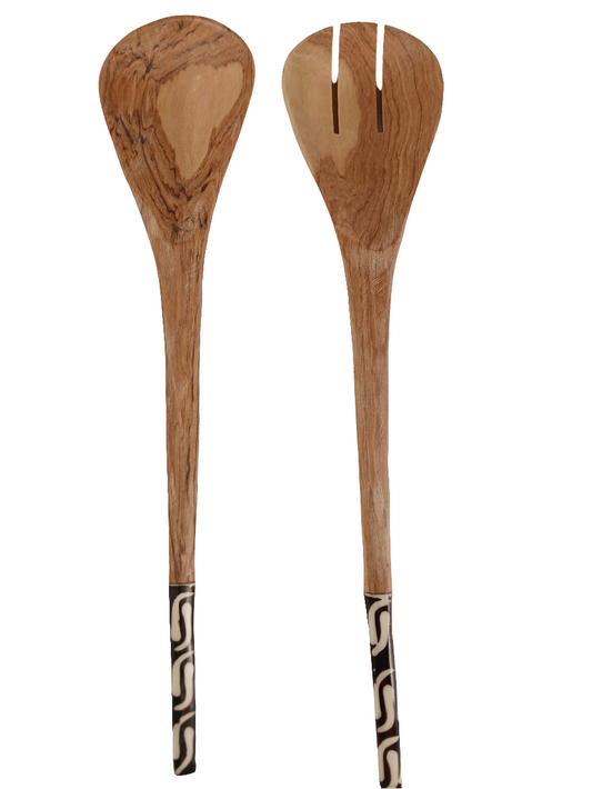 Hand-Carved Olive Wood Cooking Spoons Set – African Tribal Handle Design (2-Piece)