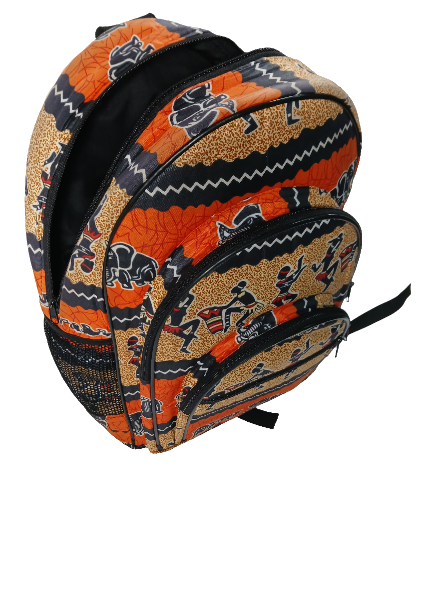 African Print Backpack - Elephant & Dancing Figures Design - School & Travel Bag