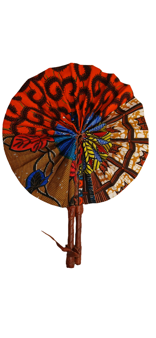 Handmade African Folding Fan - Colourful Wax Print & Leather Handle
