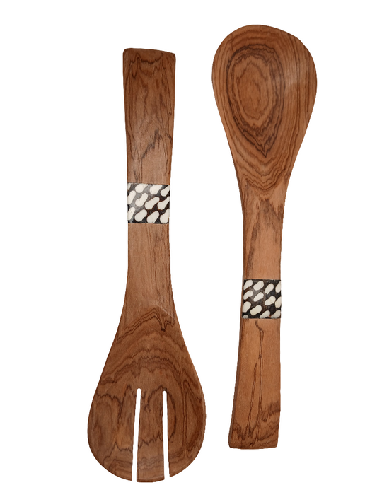 Olive & Stripe: Hand-Carved Olive Wood Salad Servers with Zebra Bone Inlay