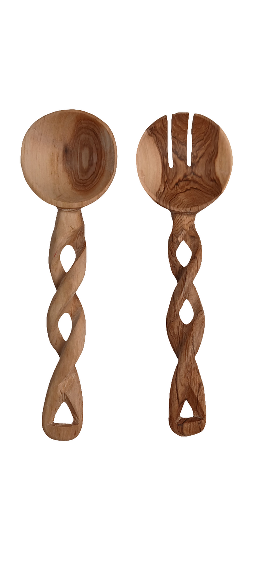 Hand-Carved Wooden Salad Servers - Unique Twisted Handle Design