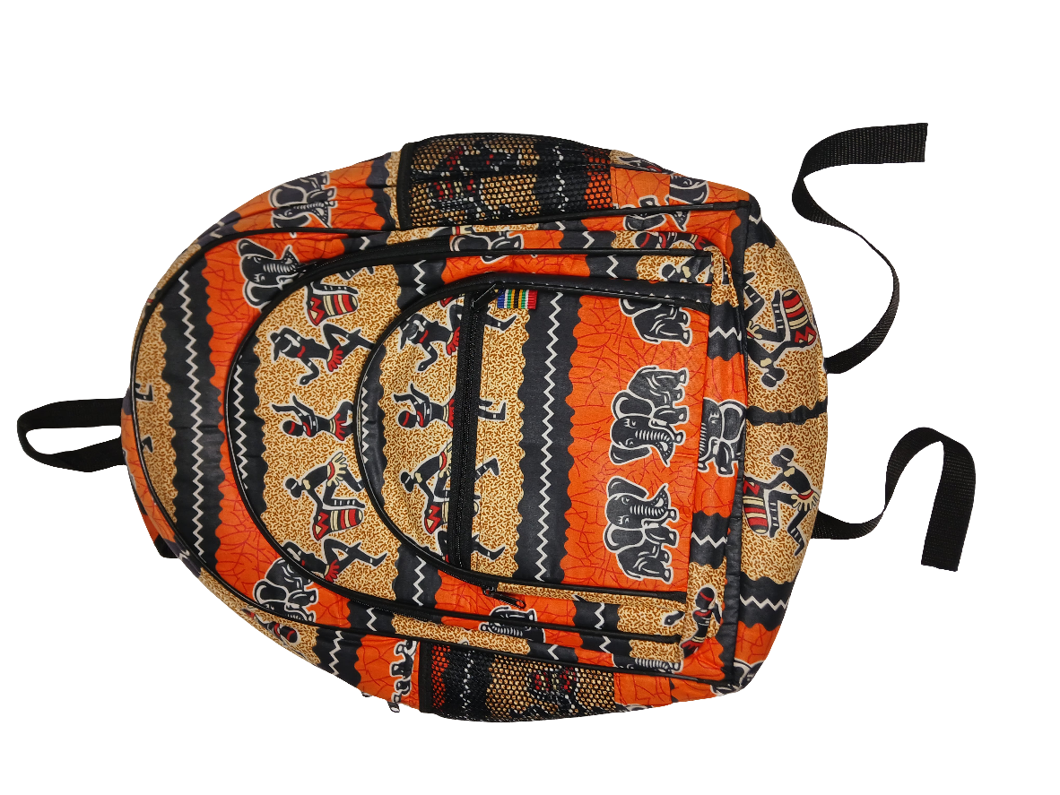 African Print Backpack - Elephant & Dancing Figures Design - School & Travel Bag