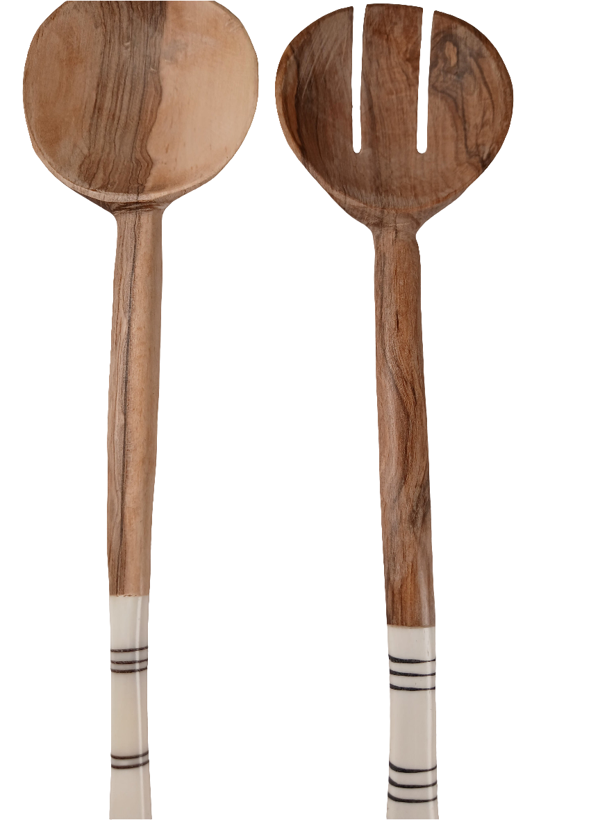 Hand-Carved Olive Wood Cooking Spoons Set – African Tribal Handle Design (2-Piece)
