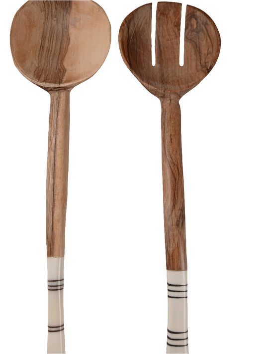Hand-Carved Olive Wood Cooking Spoons Set – African Tribal Handle Design (2-Piece)