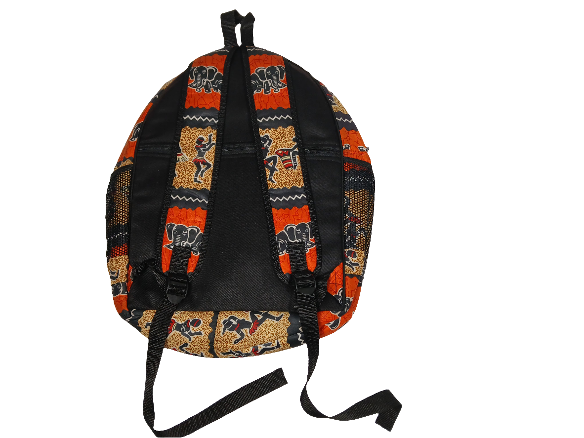 African Print Backpack - Elephant & Dancing Figures Design - School & Travel Bag