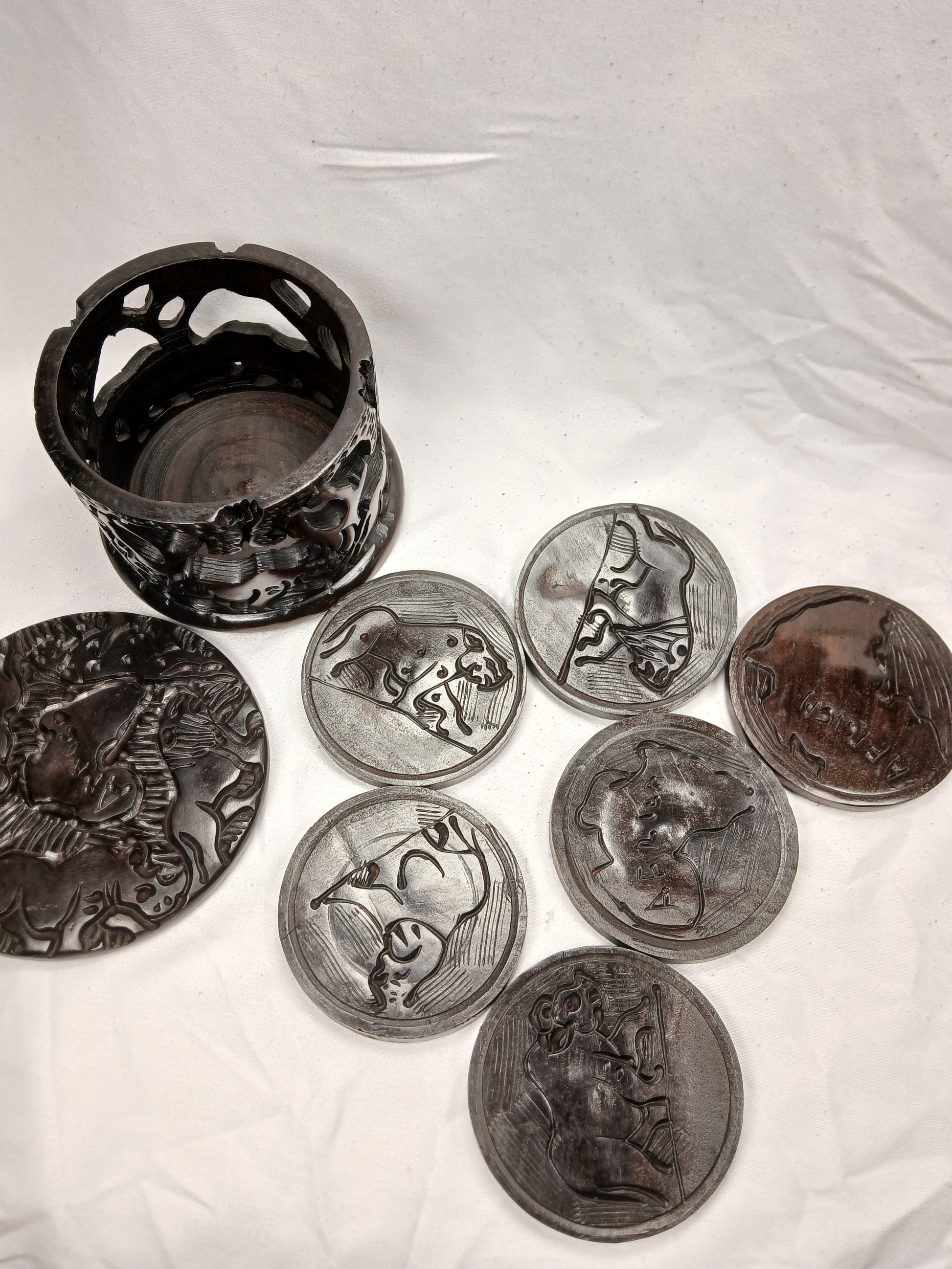 Hand-Carved African Big Five Coaster Set with Holder (7 Coasters Total)