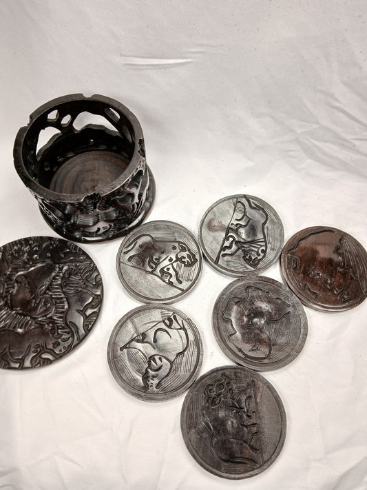 Hand-Carved African Big Five Coaster Set with Holder (7 Coasters Total)
