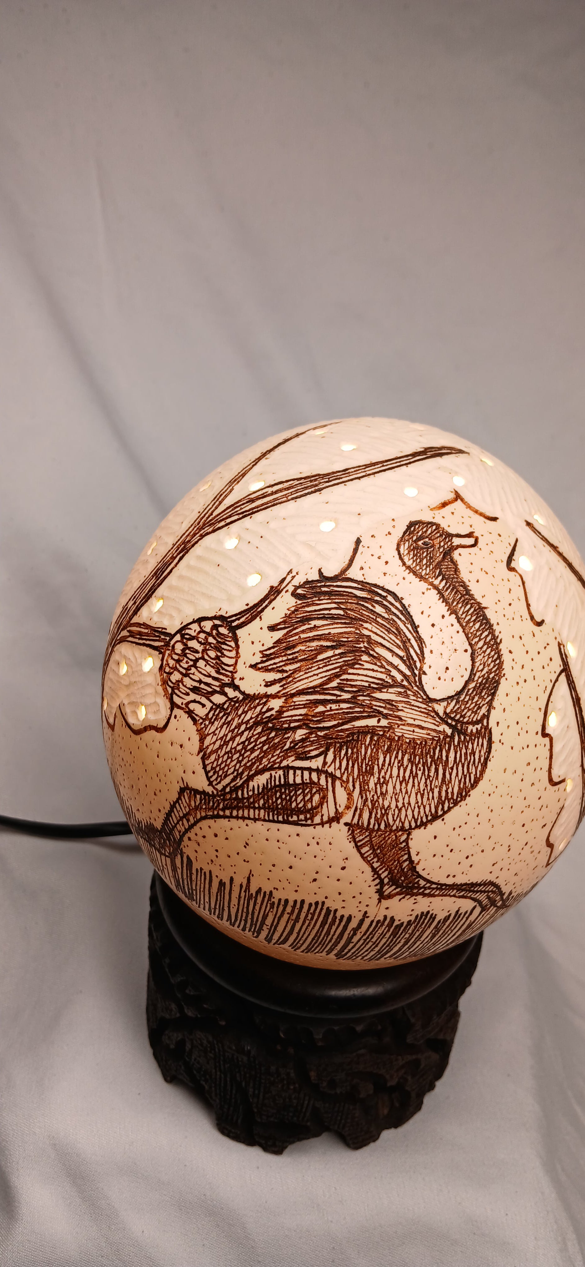 Hand-Carved Ostrich Egg Night Lamp on Ebony Wood Base