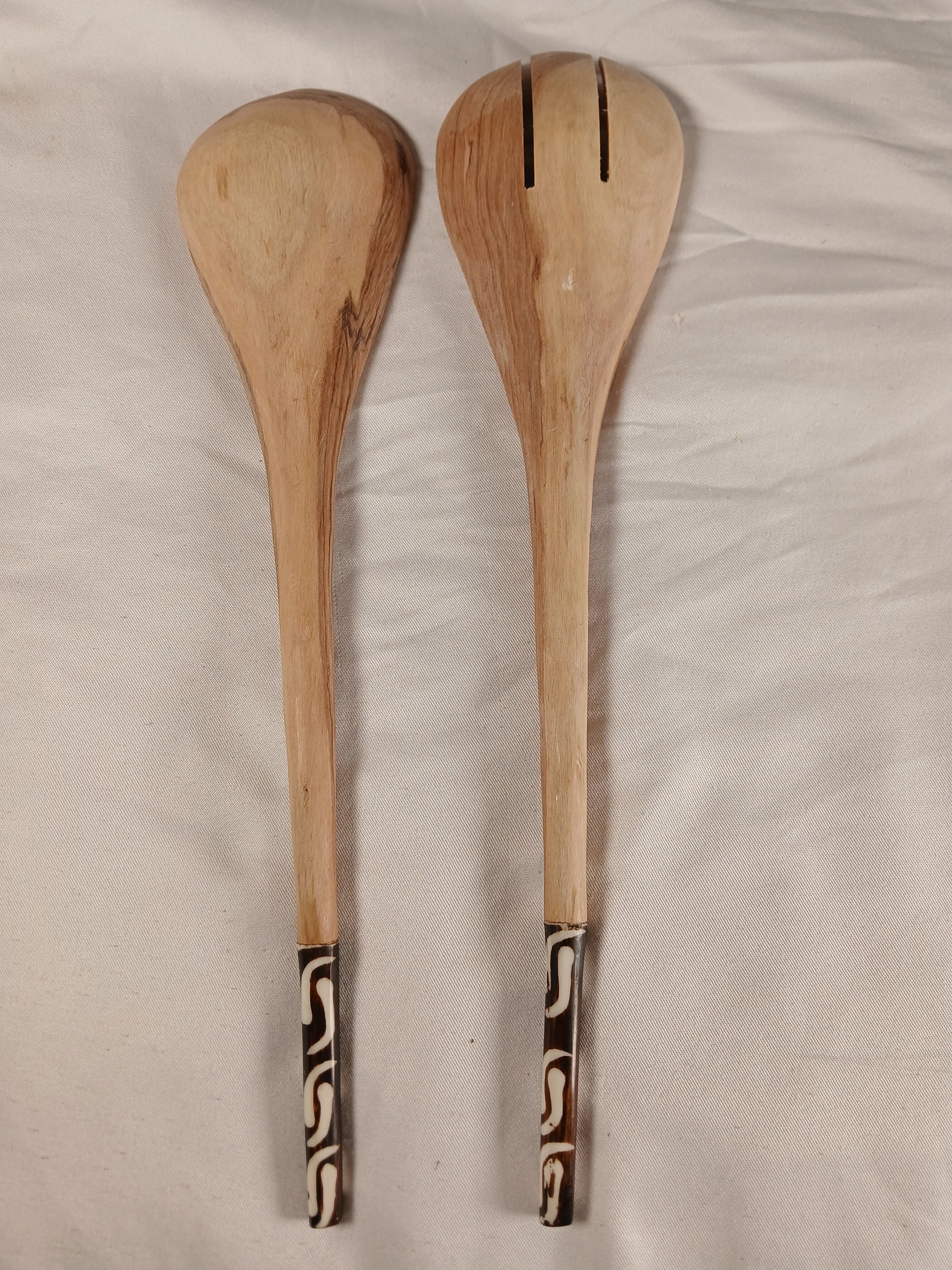 Hand-Carved Olive Wood Cooking Spoons Set – African Tribal Handle Design (2-Piece)