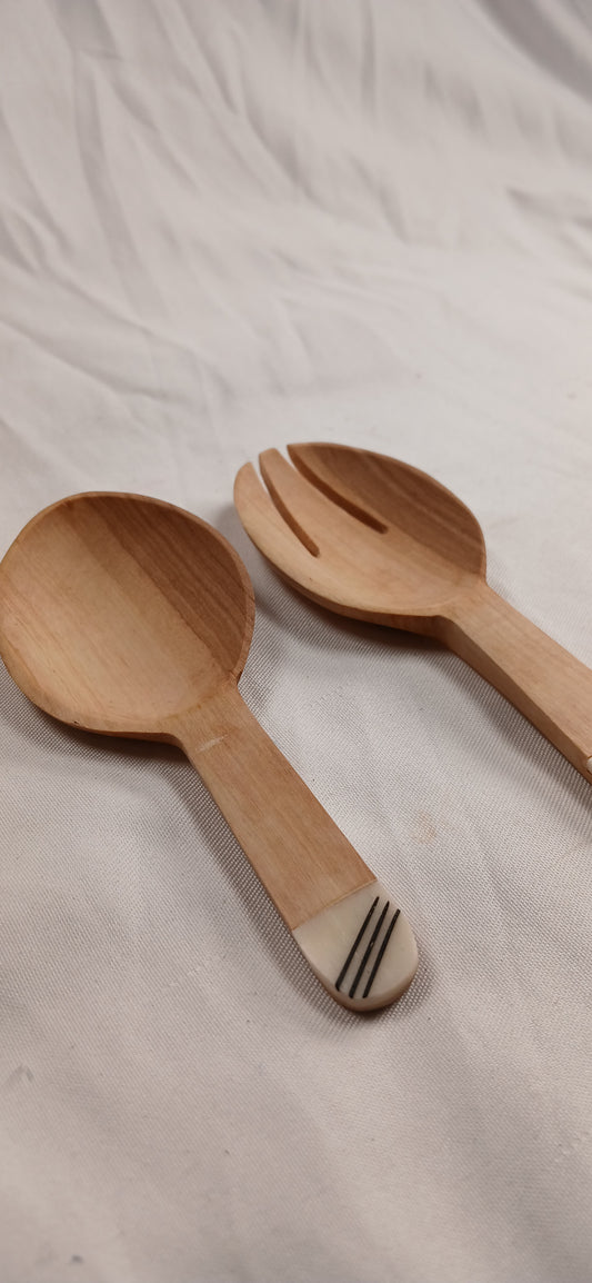 Hand-Carved Olive Wood Cooking Spoons Set – African Tribal Handle Design (2-Piece)