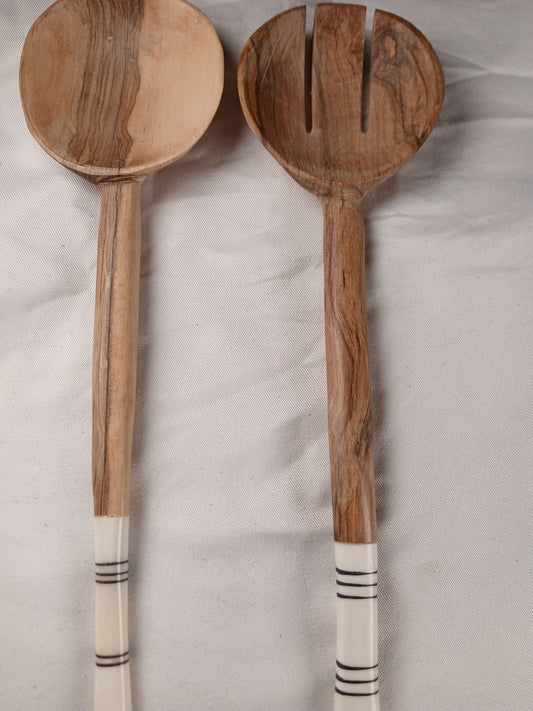 Hand-Carved Olive Wood Cooking Spoons Set – African Tribal Handle Design (2-Piece)