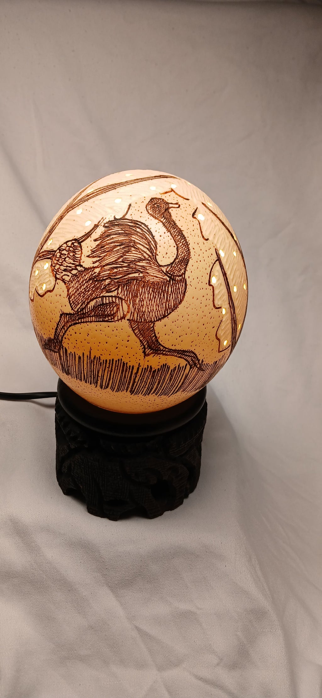 Hand-Carved Ostrich Egg Night Lamp on Ebony Wood Base