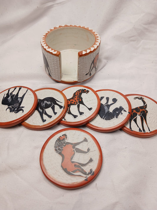Hand-Carved Soapstone African Animal Coaster Set with Holder - Safari Decor