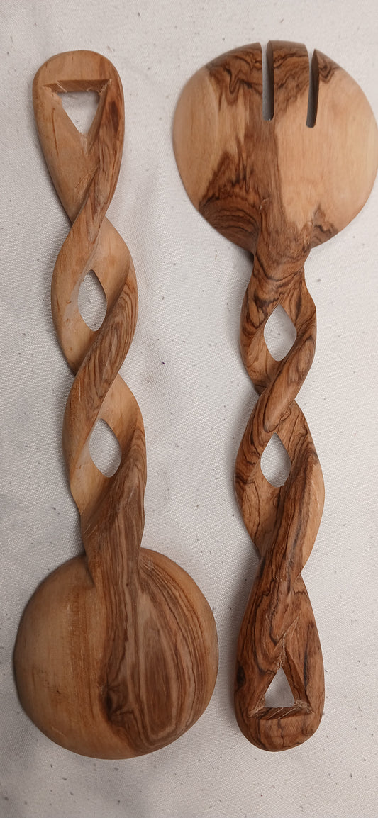 Hand-Carved Wooden Salad Servers - Unique Twisted Handle Design