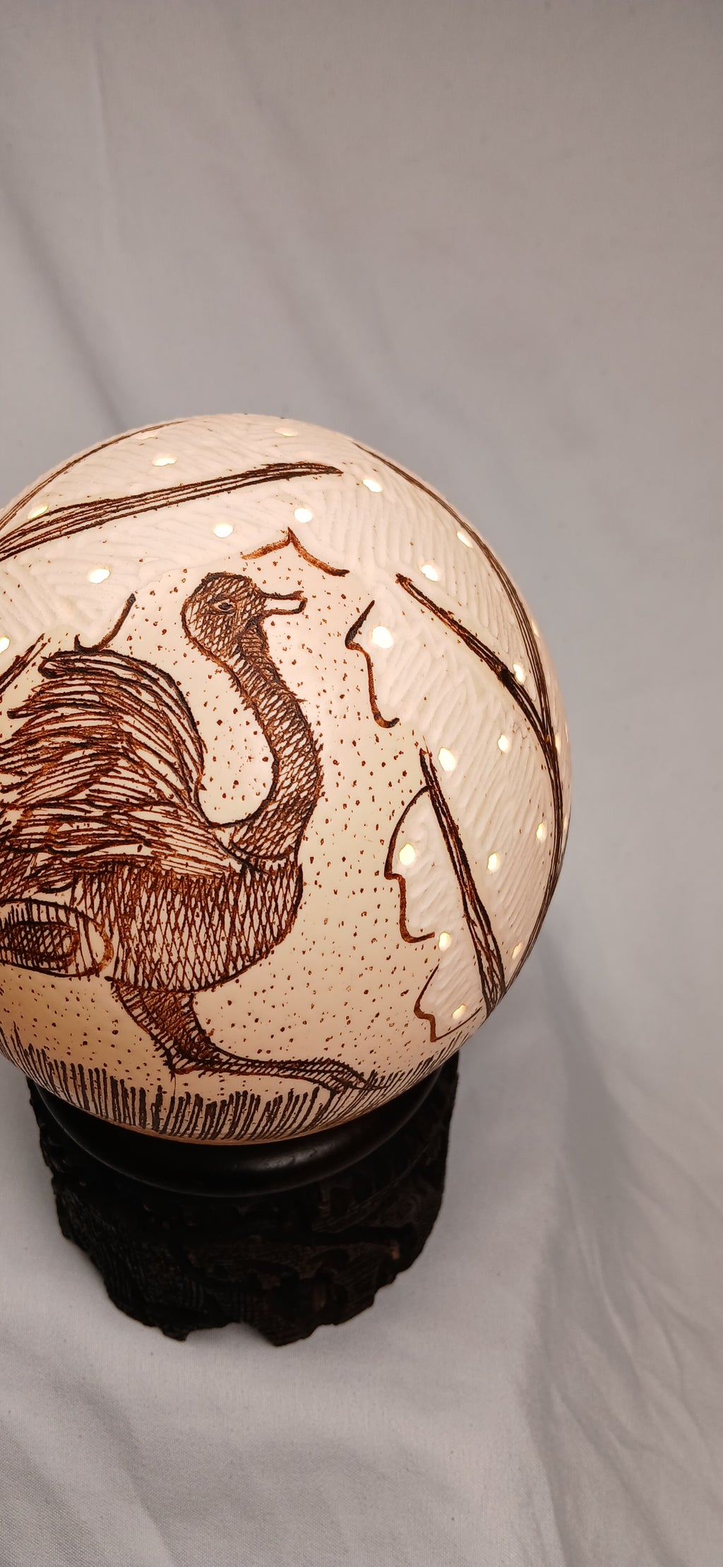 Hand-Carved Ostrich Egg Night Lamp on Ebony Wood Base