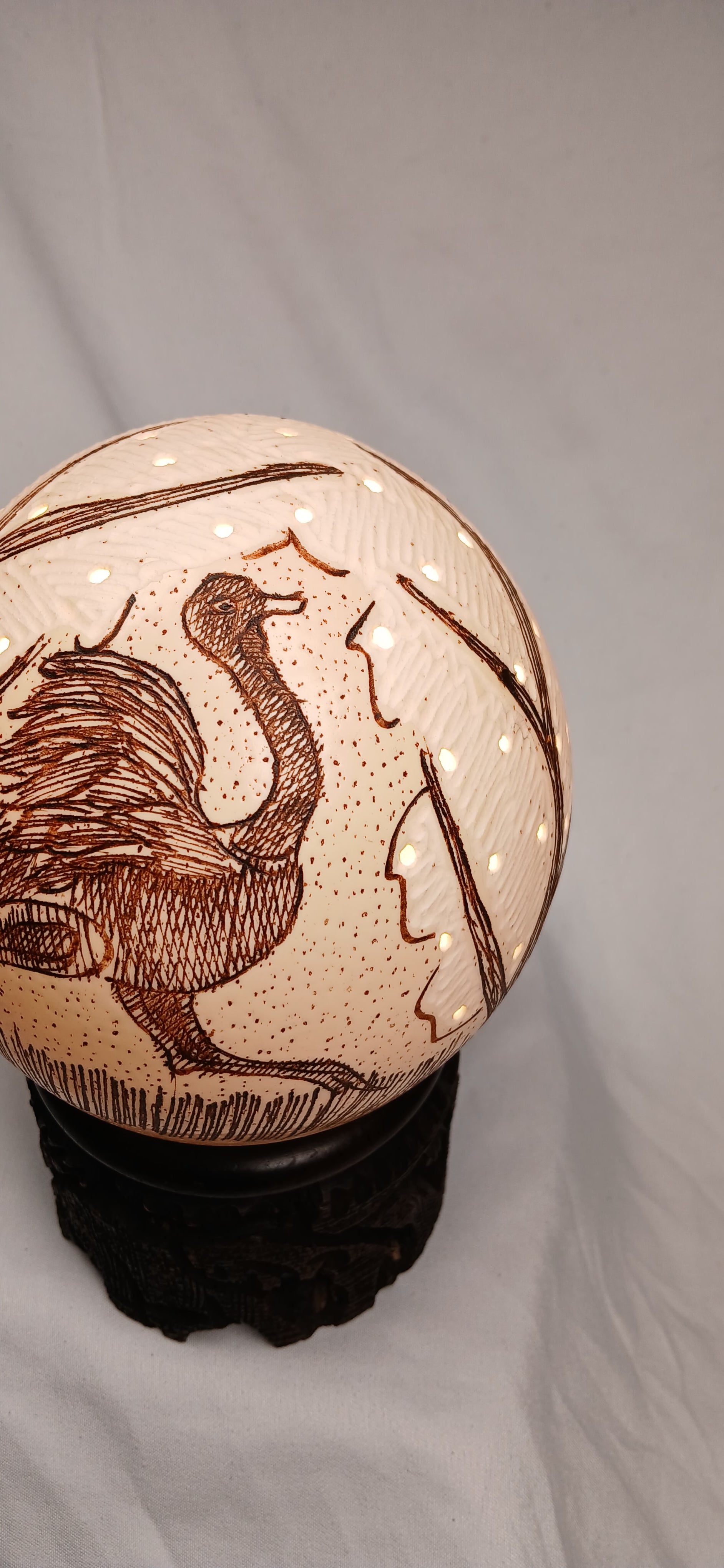 Hand-Carved Ostrich Egg Night Lamp on Ebony Wood Base