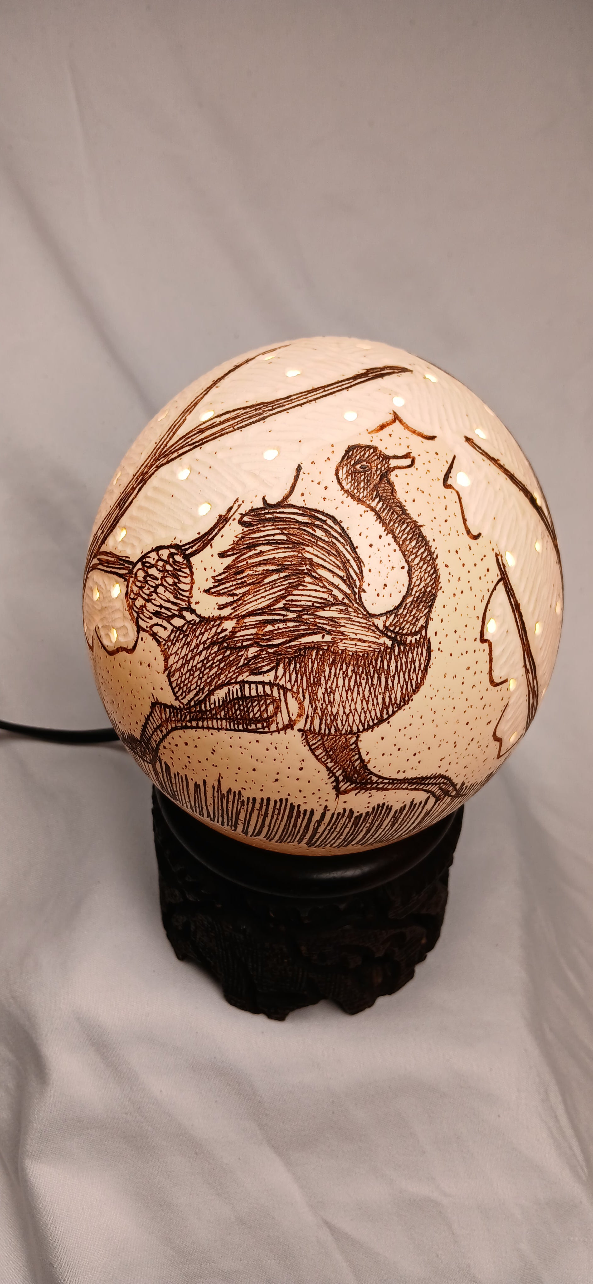Hand-Carved Ostrich Egg Night Lamp on Ebony Wood Base