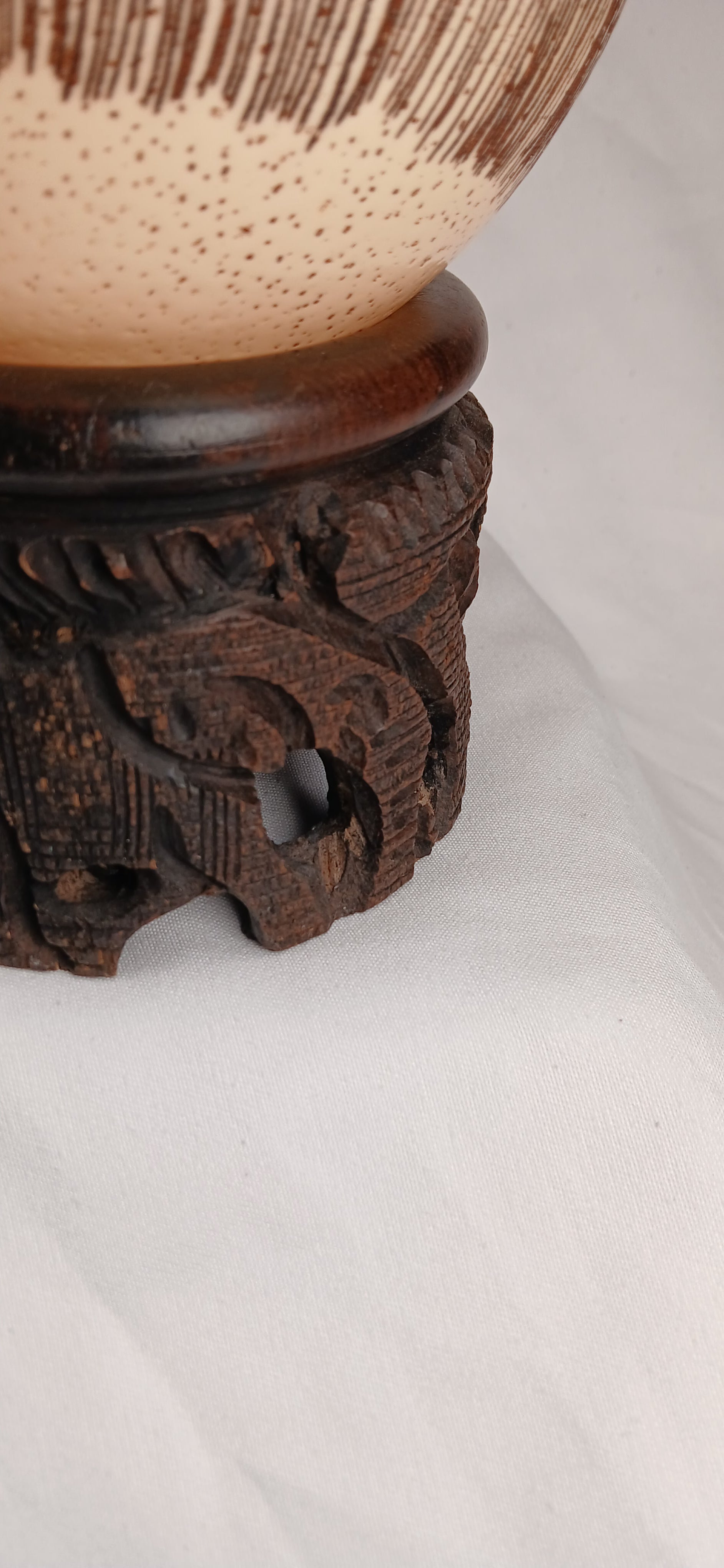 Hand-Carved Ostrich Egg Night Lamp on Ebony Wood Base