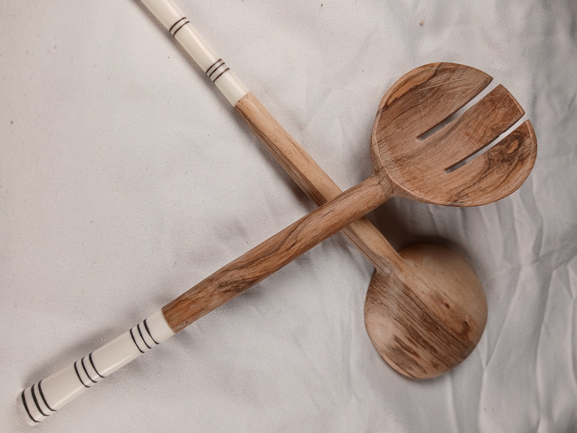 Hand-Carved Olive Wood Cooking Spoons Set – African Tribal Handle Design (2-Piece)
