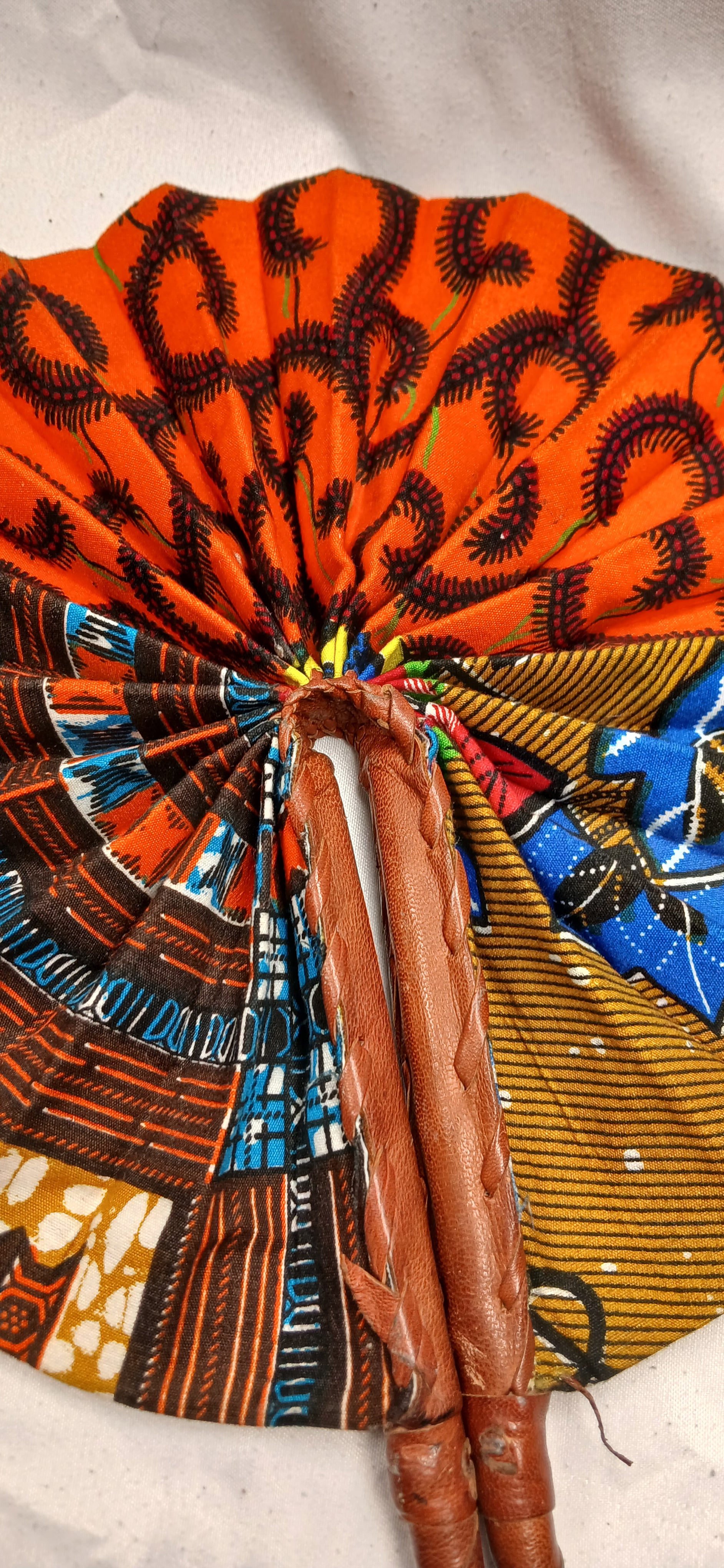 Handmade African Folding Fan - Colourful Wax Print & Leather Handle