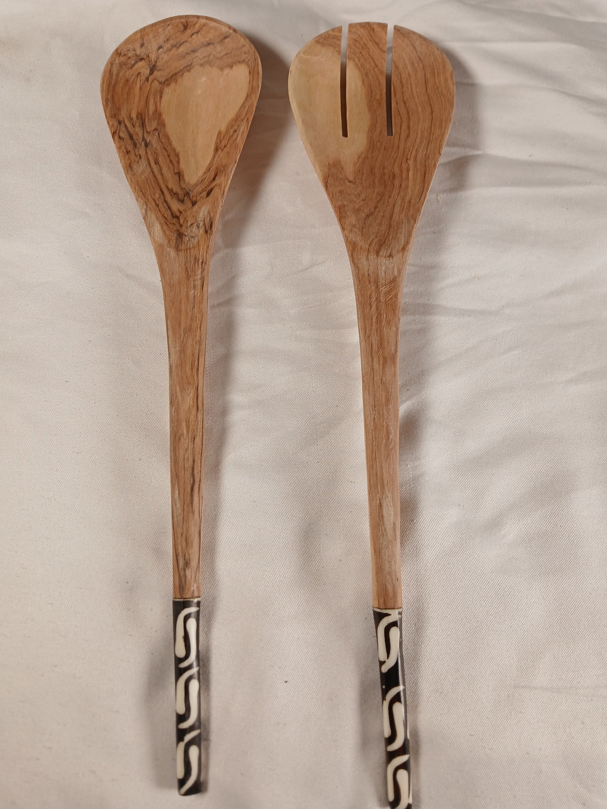 Hand-Carved Olive Wood Cooking Spoons Set – African Tribal Handle Design (2-Piece)
