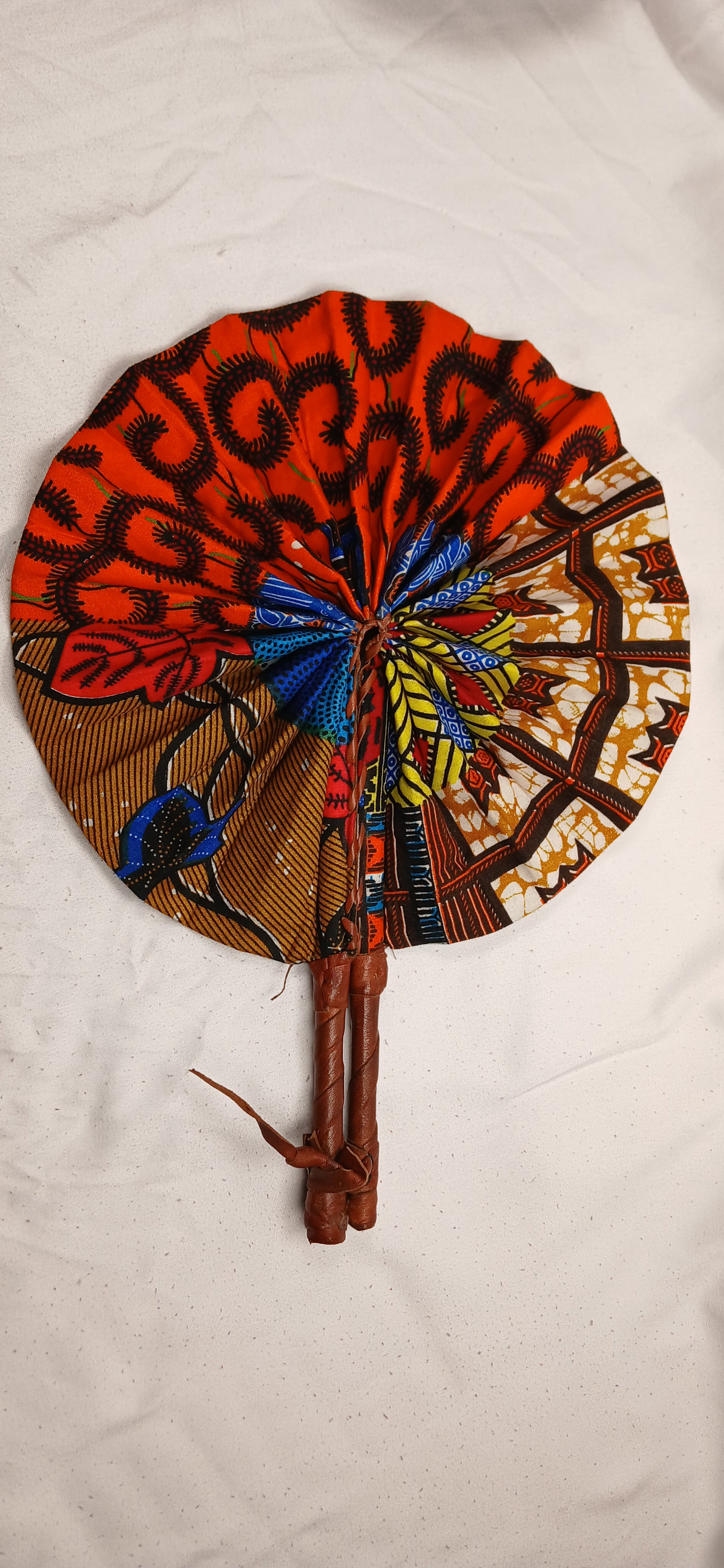 Handmade African Folding Fan - Colourful Wax Print & Leather Handle