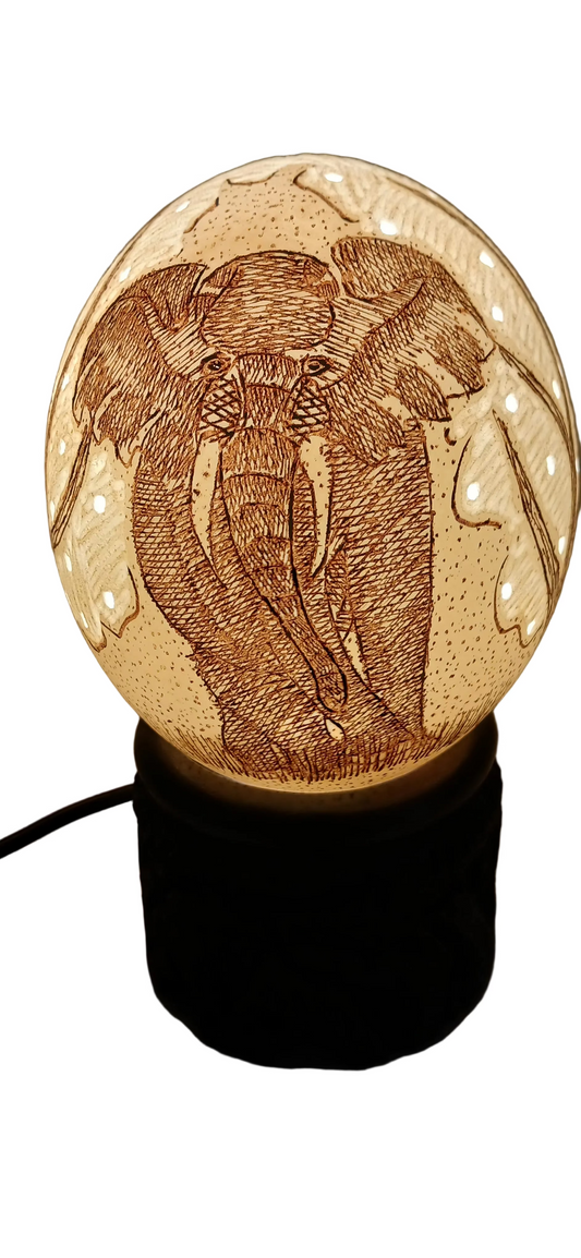 The Majestic Sentinel" – Hand-Etched Ostrich Egg Lamp