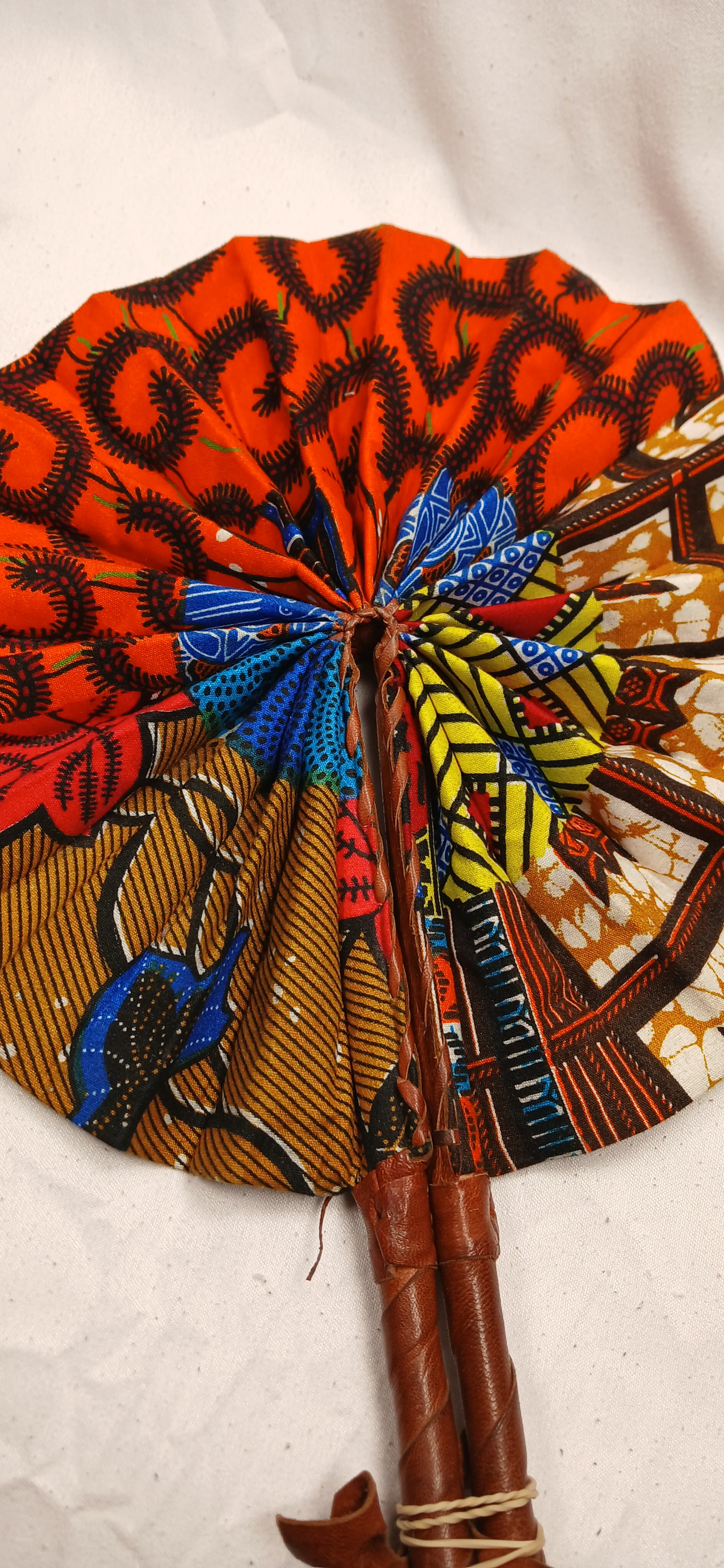Handmade African Folding Fan - Colourful Wax Print & Leather Handle