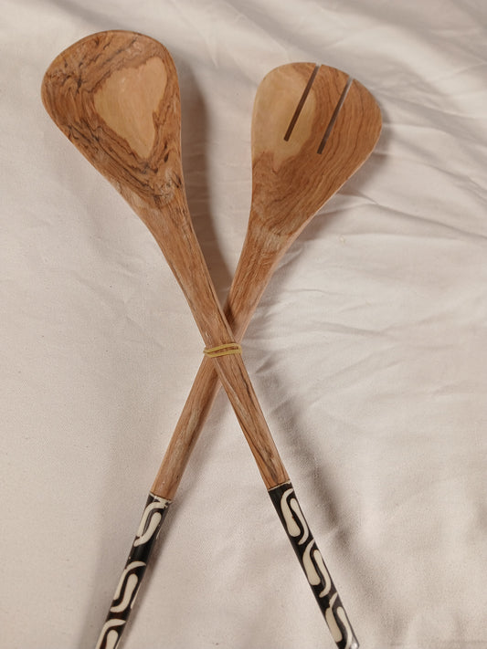 Hand-Carved Olive Wood Cooking Spoons Set – African Tribal Handle Design (2-Piece)