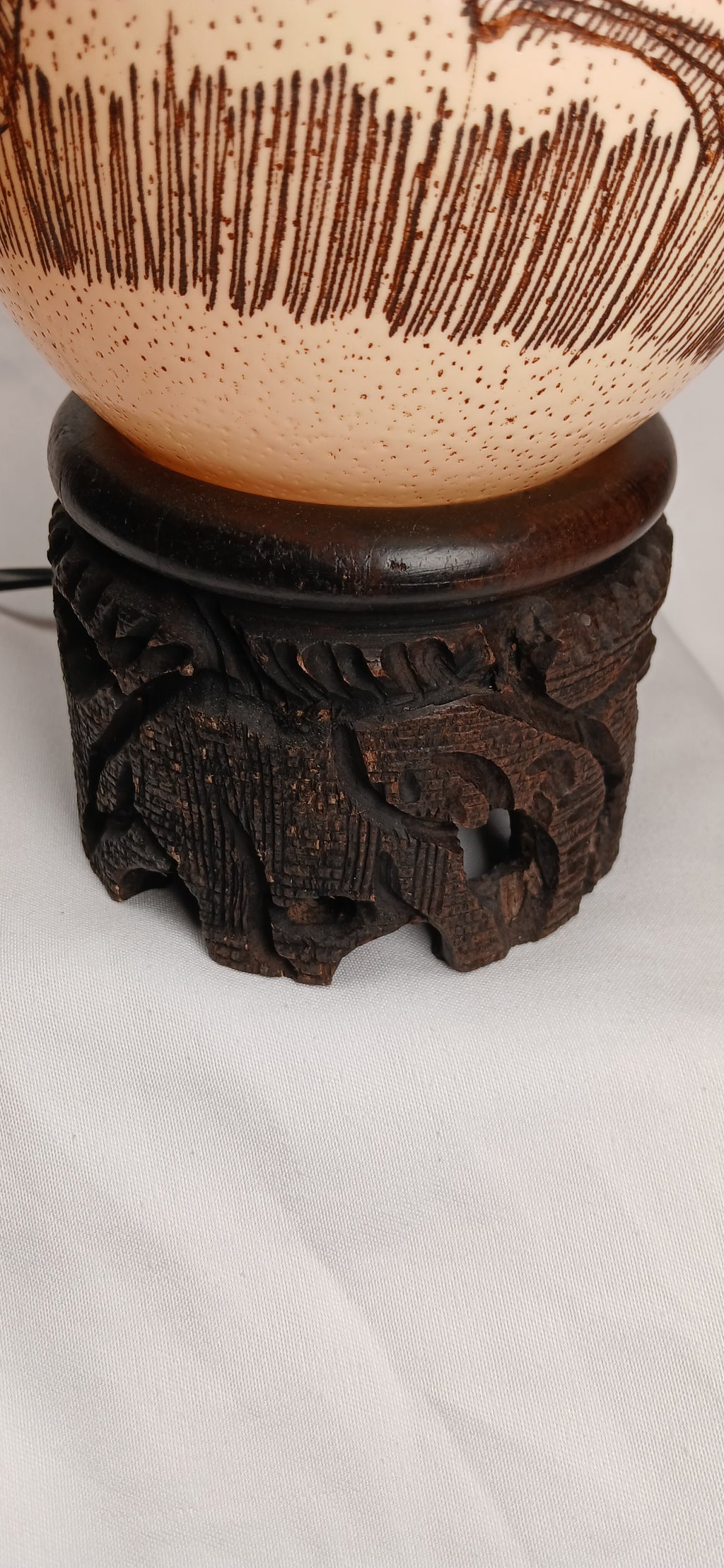 Hand-Carved Ostrich Egg Night Lamp on Ebony Wood Base